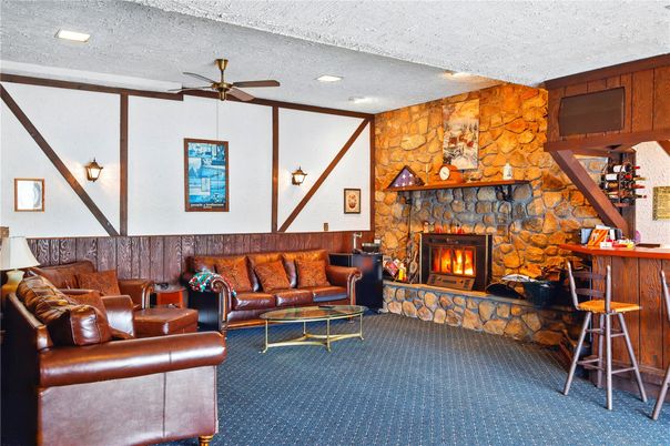 Fireplace, Interior, Living room, Recessed Lighting, Stone Walls