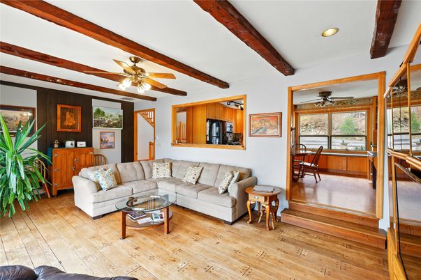 Dining room, Interior, Living room, Recessed Lighting, Wooden Beams, Wood Texture Flooring