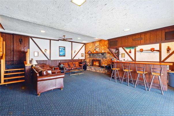 Fireplace, Interior, Living room, Recessed Lighting, Stone Walls