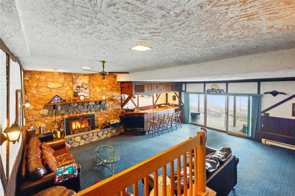 Fireplace, Interior, Living room, Recessed Lighting, Stone Walls