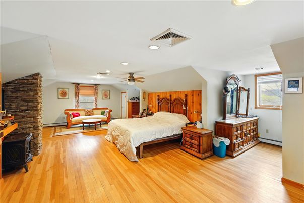 Bedroom, Interior, Recessed Lighting, Stone Walls, Wood Texture Flooring