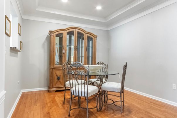 Dining room, Interior, Recessed Lighting, Wood Texture Flooring