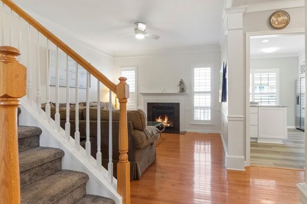 Fireplace, Interior, Recessed Lighting, Wood Texture Flooring
