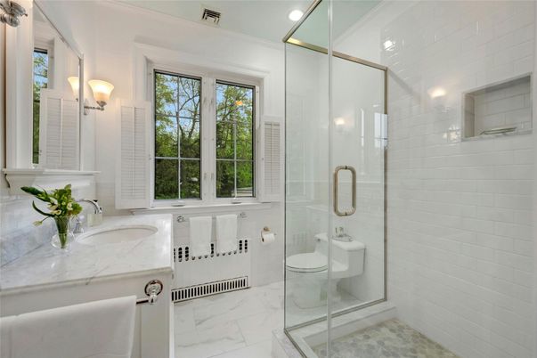 Bathroom, Dual Sink Vanities, Glass Shower, Interior, Marble, Recessed Lighting