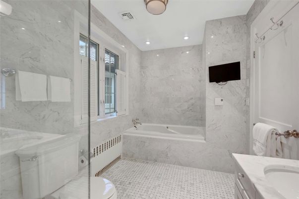 Bathroom, Glass Shower, Interior, Marble Walls, Recessed Lighting