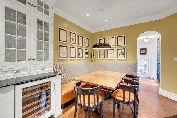 Dining room, Interior, Pendant Lights, Recessed Lighting, Wood Texture Flooring