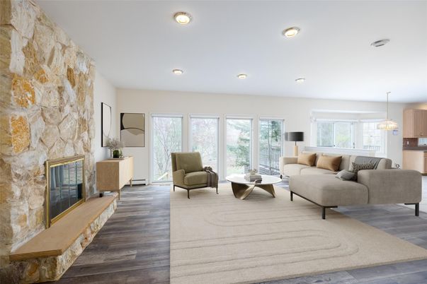 Fireplace, Interior, Living room, Pendant Lights, Recessed Lighting, Stone Walls, Wood Texture Flooring