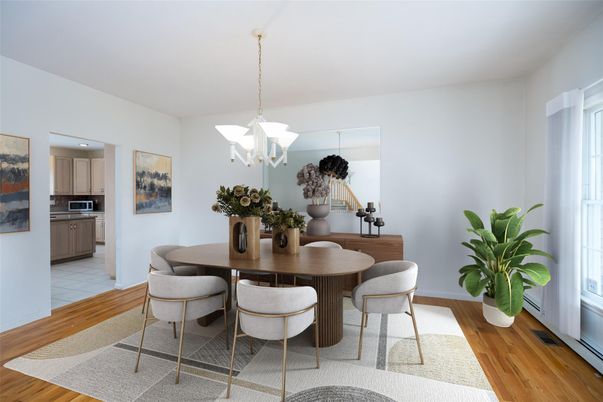 Chandelier, Dining room, Interior, Kitchen, Pendant Lights, Stainless Steel Appliances, Wood Texture Flooring