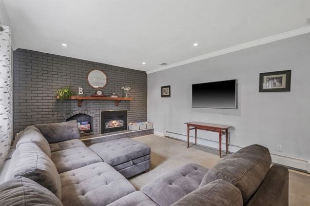 Fireplace, Interior, Living room, Recessed Lighting, Stone Walls