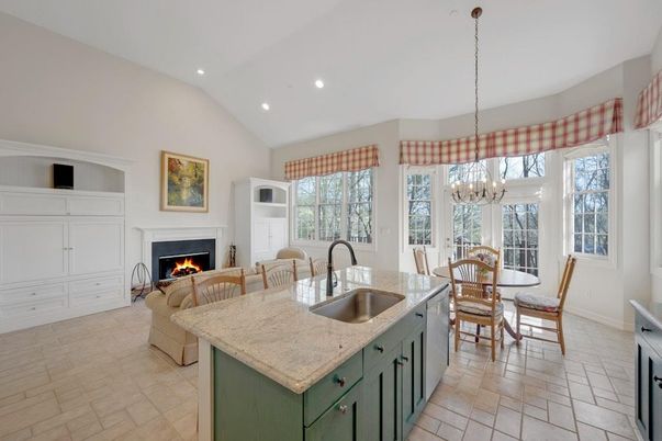 Chandelier, Dining room, Fireplace, Interior, Kitchen, Living room, Pendant Lights, Recessed Lighting