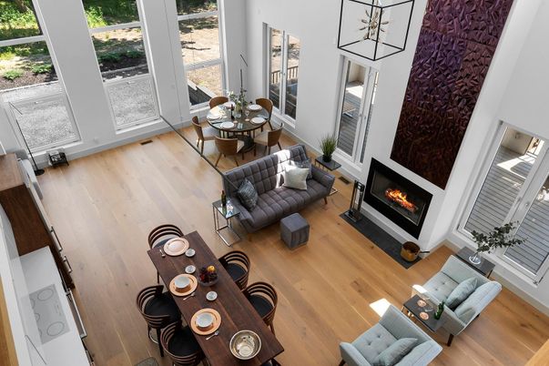 Dining room, Fireplace, Interior, Living room, Wood Texture Flooring