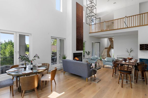 Dining room, Fireplace, Interior, Living room, Pendant Lights, Wood Texture Flooring