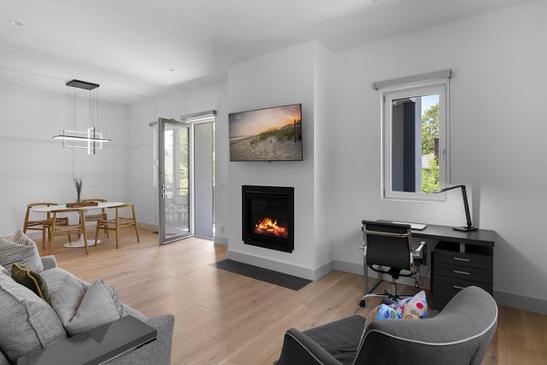 Fireplace, Home Office, Interior, Pendant Lights, Wood Texture Flooring