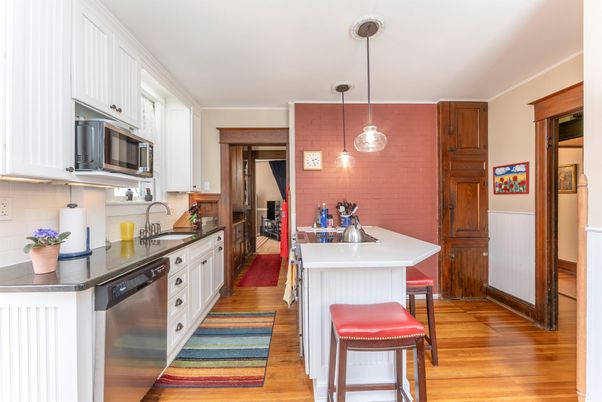 Interior, Kitchen, Pendant Lights, Stainless Steel Appliances, Wood Texture Flooring