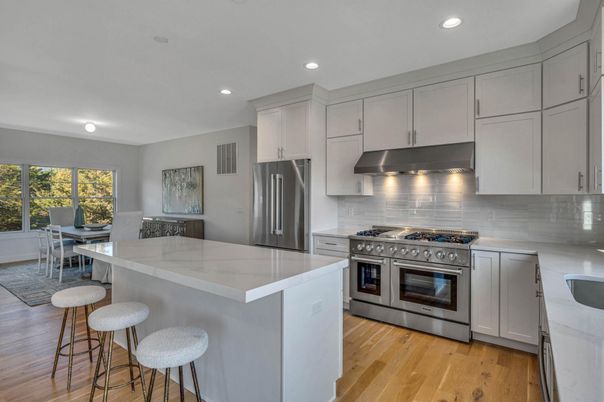 Dining room, Interior, Kitchen, Recessed Lighting, Stainless Steel Appliances, Wood Texture Flooring