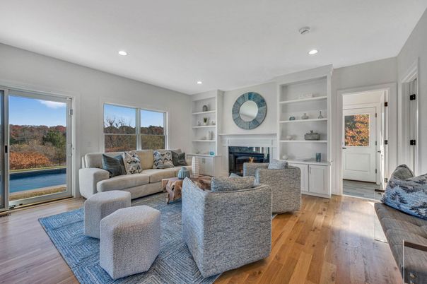 Fireplace, Interior, Living room, Recessed Lighting, Wood Texture Flooring