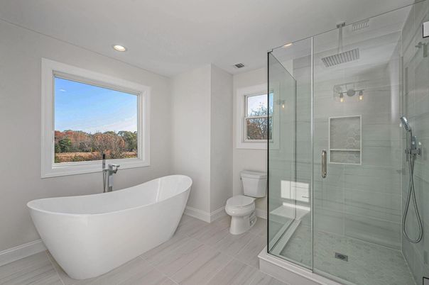 Bathroom, Free Standing Baths, Glass Shower, Interior, Recessed Lighting