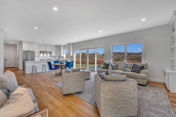 Interior, Kitchen, Living room, Recessed Lighting, Stainless Steel Appliances, Wood Texture Flooring