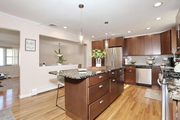 Interior, Kitchen, Pendant Lights, Recessed Lighting, Stainless Steel Appliances, Wood Texture Flooring