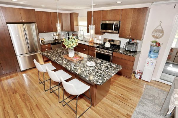 Interior, Kitchen, Pendant Lights, Recessed Lighting, Stainless Steel Appliances, Wood Texture Flooring