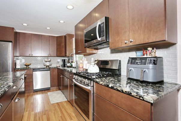 Interior, Kitchen, Recessed Lighting, Stainless Steel Appliances, Wood Texture Flooring