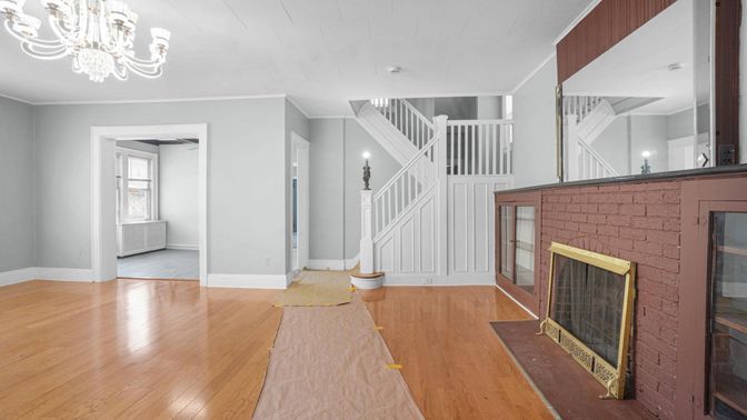 Chandelier, Fireplace, Interior, Wood Texture Flooring