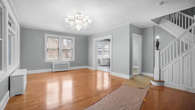 Chandelier, Empty room, Interior, Wood Texture Flooring