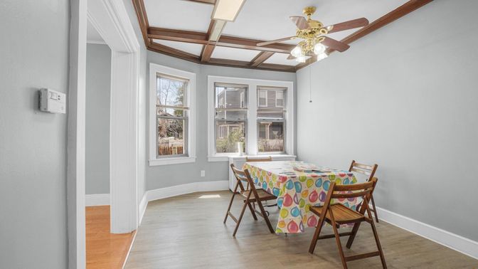 Dining room, Interior, Wooden Beams, Wood Texture Flooring