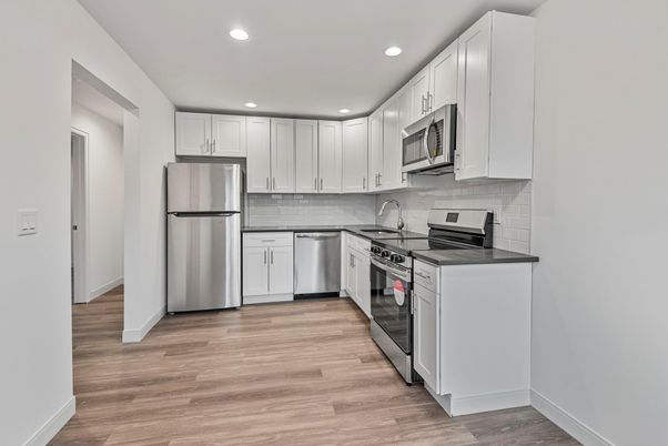 Interior, Kitchen, Recessed Lighting, Stainless Steel Appliances, Wood Texture Flooring