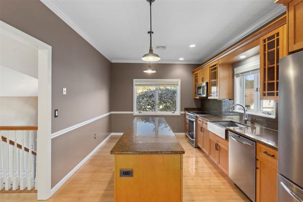 Interior, Kitchen, Pendant Lights, Recessed Lighting, Wood Texture Flooring