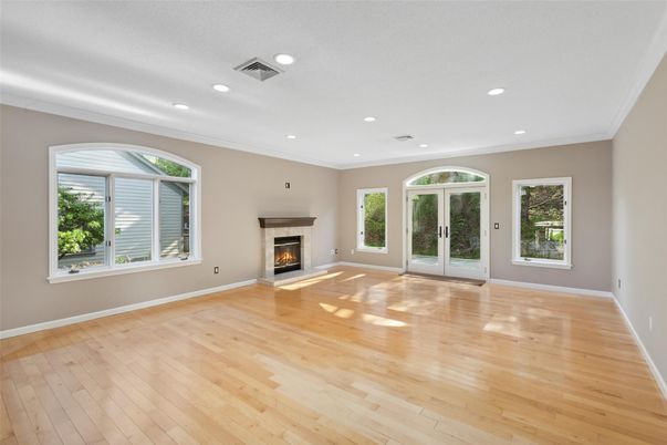Empty room, Fireplace, Interior, Recessed Lighting, Wood Texture Flooring