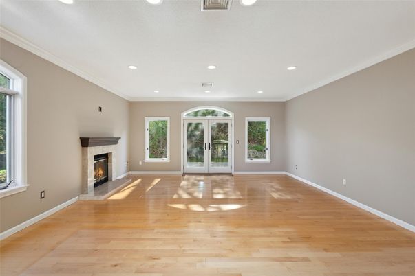 Empty room, Fireplace, Interior, Recessed Lighting, Wood Texture Flooring