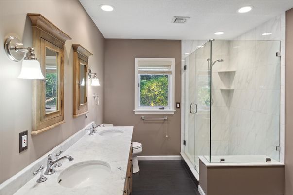 Bathroom, Dual Sink Vanities, Glass Shower, Interior, Marble Walls, Recessed Lighting
