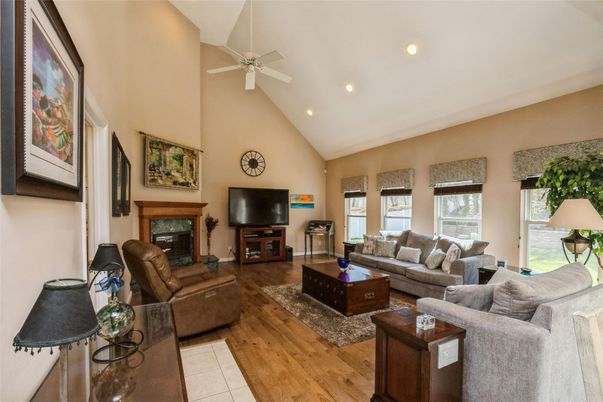 Fireplace, Interior, Living room, Recessed Lighting, Wood Texture Flooring