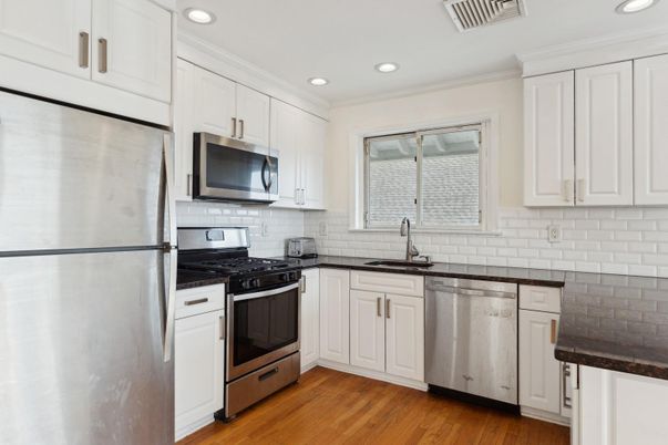 Interior, Kitchen, Recessed Lighting, Stainless Steel Appliances, Wood Texture Flooring