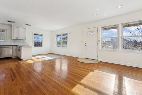 Empty room, Interior, Kitchen, Recessed Lighting, Wood Texture Flooring