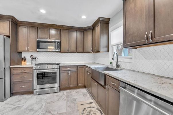 Interior, Kitchen, Marble, Recessed Lighting, Stainless Steel Appliances
