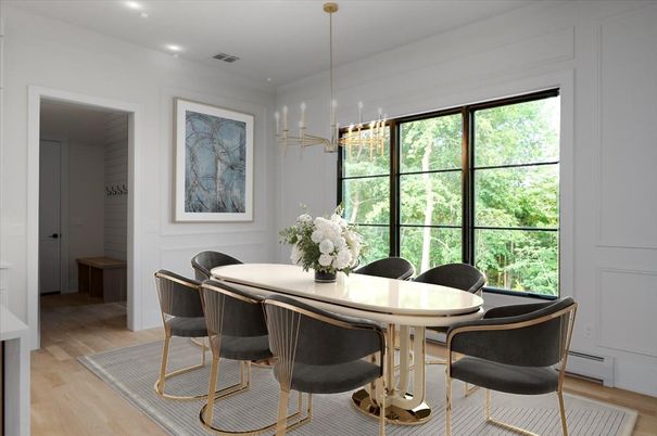Dining room, Interior, Pendant Lights, Recessed Lighting, Wood Texture Flooring