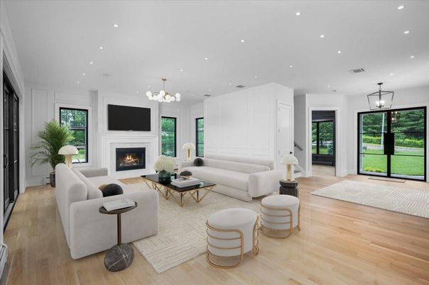 Fireplace, Interior, Living room, Pendant Lights, Recessed Lighting, Wood Texture Flooring
