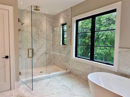 Bathroom, Free Standing Baths, Glass Shower, Interior, Marble, Marble Walls, Recessed Lighting