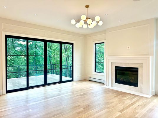 Empty room, Fireplace, Interior, Pendant Lights, Recessed Lighting, Wood Texture Flooring