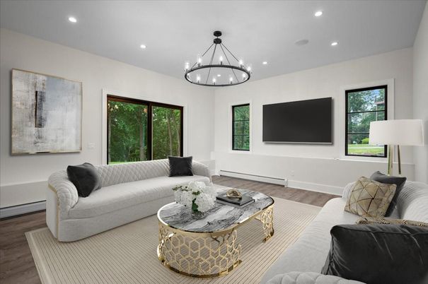Chandelier, Interior, Living room, Recessed Lighting, Wood Texture Flooring