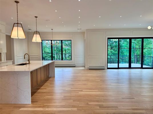Empty room, Interior, Kitchen, Pendant Lights, Recessed Lighting, Wood Texture Flooring