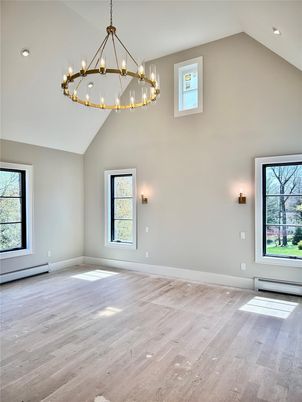 Chandelier, Empty room, Interior, Recessed Lighting, Wood Texture Flooring