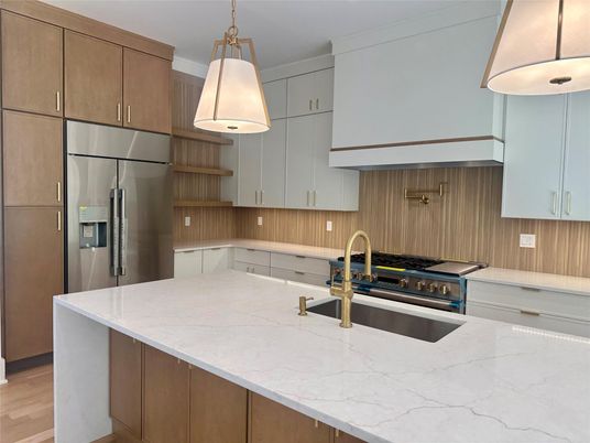 Interior, Kitchen, Pendant Lights, Stainless Steel Appliances, Wood Texture Flooring