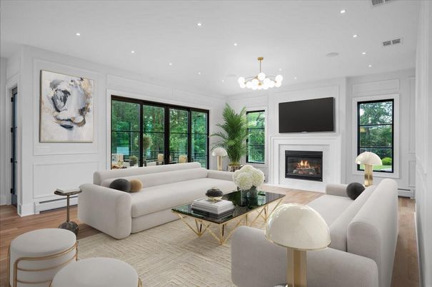 Fireplace, Interior, Living room, Pendant Lights, Recessed Lighting, Wood Texture Flooring