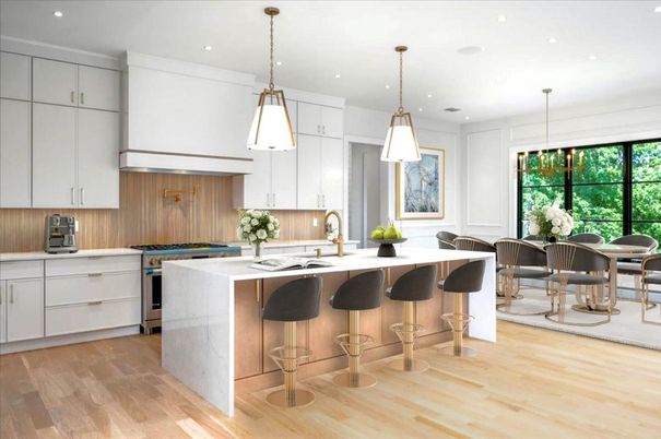 Dining room, Interior, Kitchen, Pendant Lights, Recessed Lighting, Wood Texture Flooring