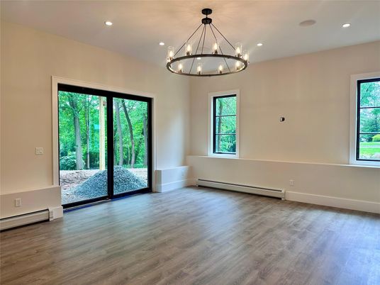 Chandelier, Empty room, Interior, Pendant Lights, Recessed Lighting, Wood Texture Flooring