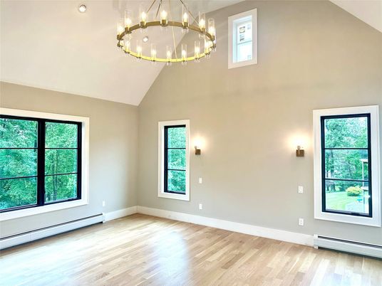 Chandelier, Empty room, Interior, Pendant Lights, Recessed Lighting, Wood Texture Flooring