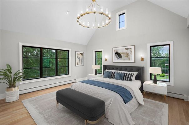 Bedroom, Interior, Pendant Lights, Wood Texture Flooring